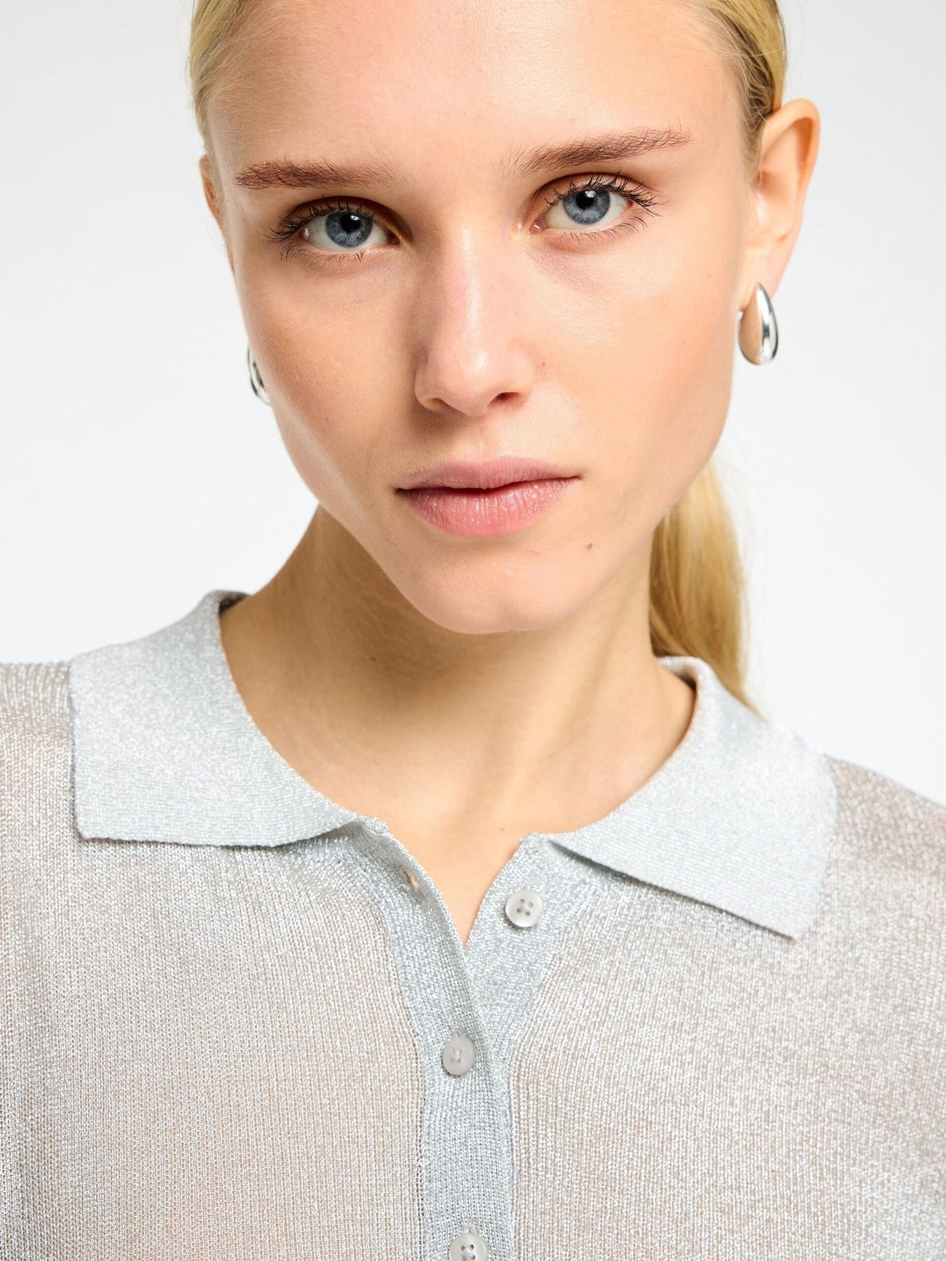 Dagni Ls Knit Polo Neck - Silver Metallic