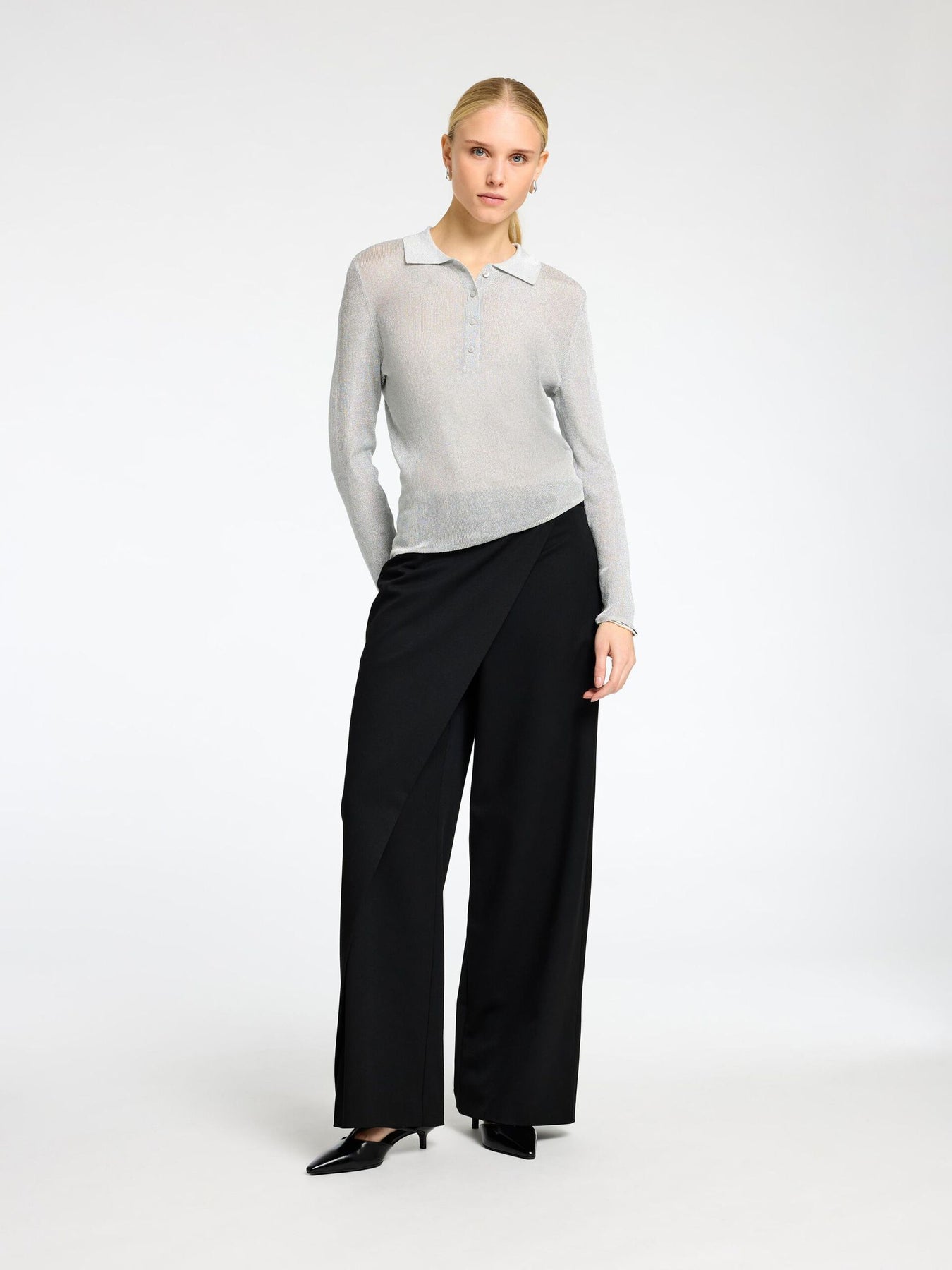 Dagni Ls Knit Polo Neck - Silver Metallic