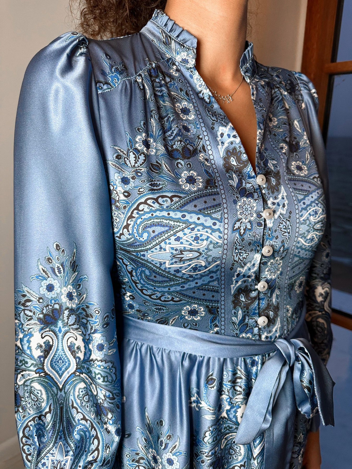 Nova Paisley Border Dress - Dusty Blue