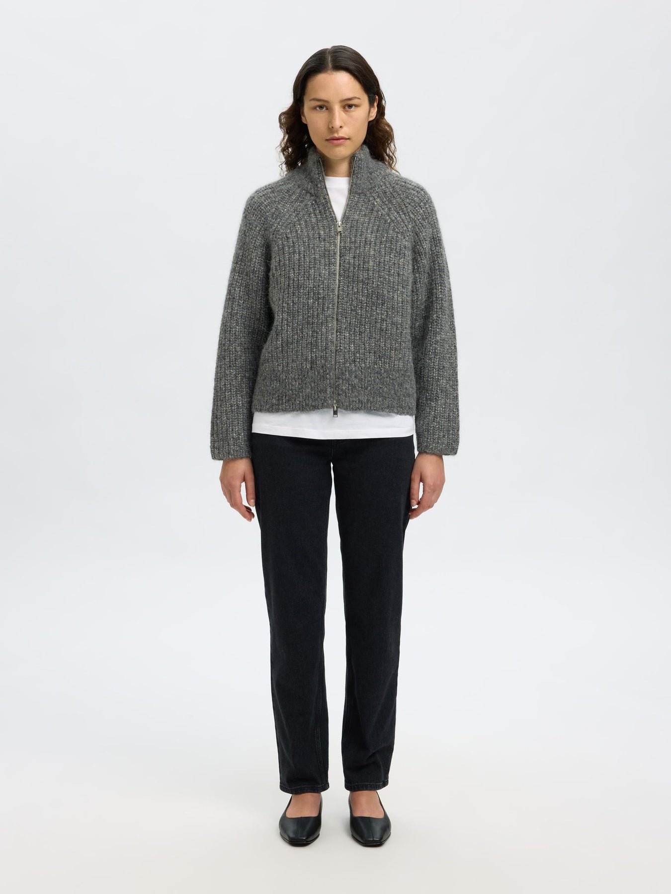 Anjuli Ls Knit Zip Cardigan - Medium Grey Melange
