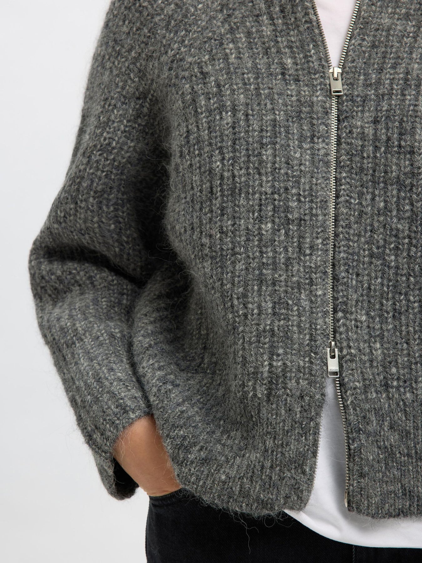 Anjuli Ls Knit Zip Cardigan - Medium Grey Melange