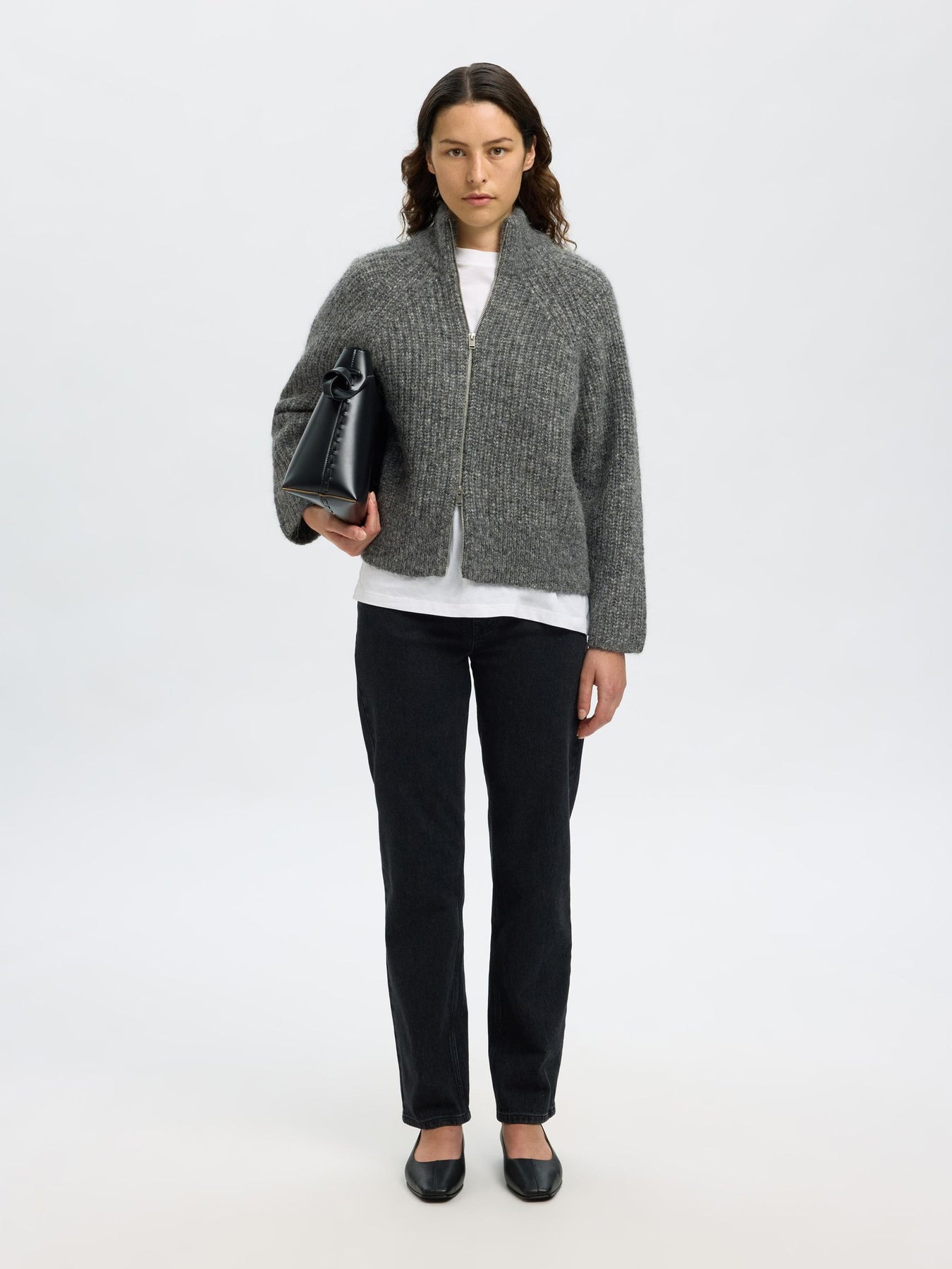 Anjuli Ls Knit Zip Cardigan - Medium Grey Melange