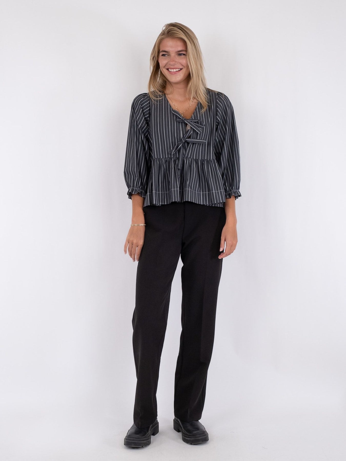 Bella Double Stripe Blouse - Dark Grey