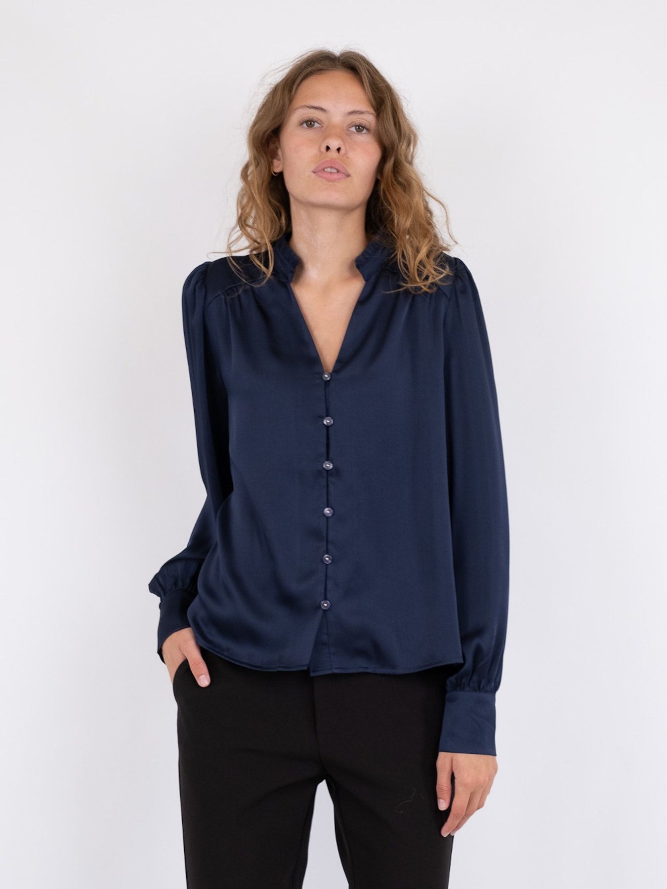 Massima Drapy Satin Blouse - Dark Navy