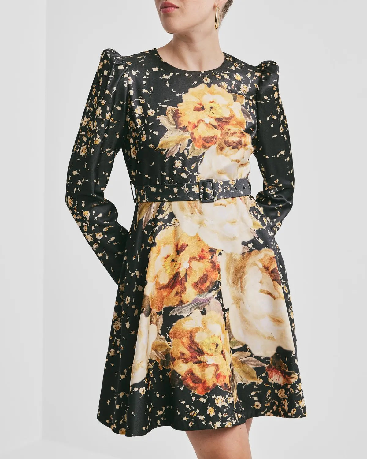 Tailored Satin Belt Dress - Black Rose