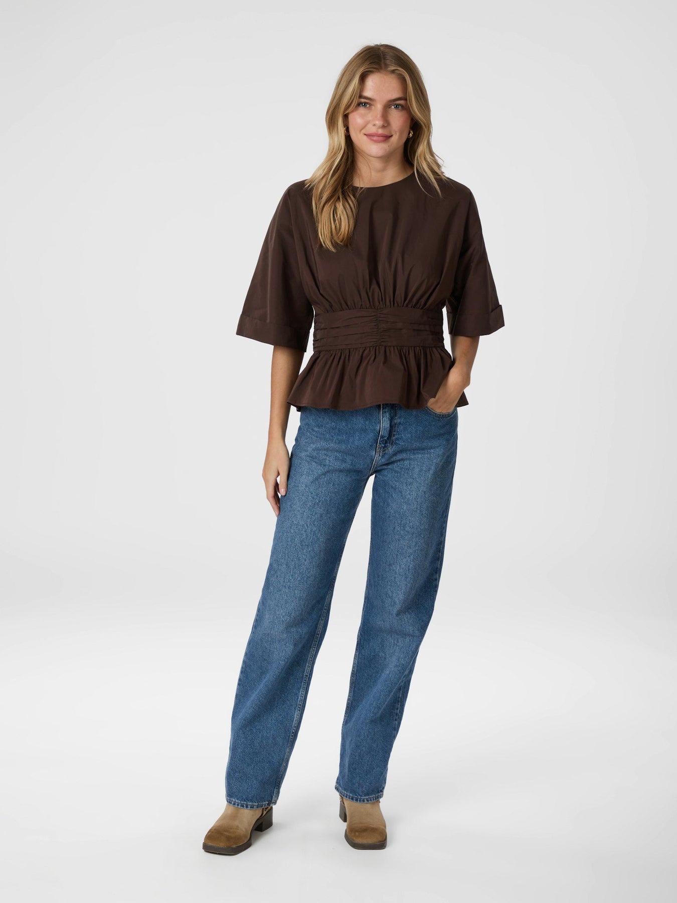 Annegret Poplin Blus - Chokladbrun