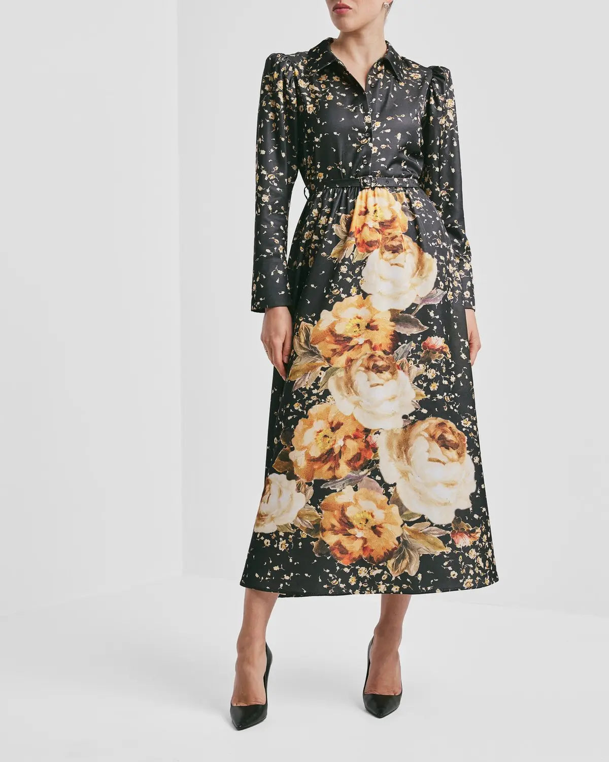 Tailored Satin Shirt Dress - Black Rose