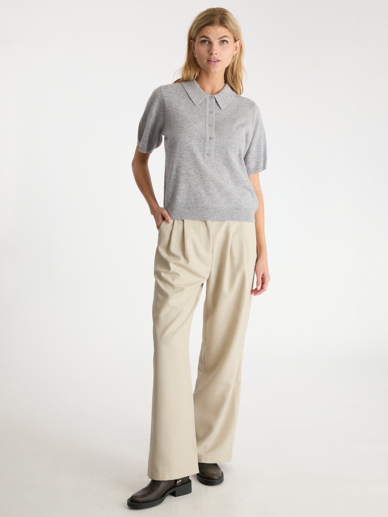 Gracie Knit Polo Tee - Light Grey Melange