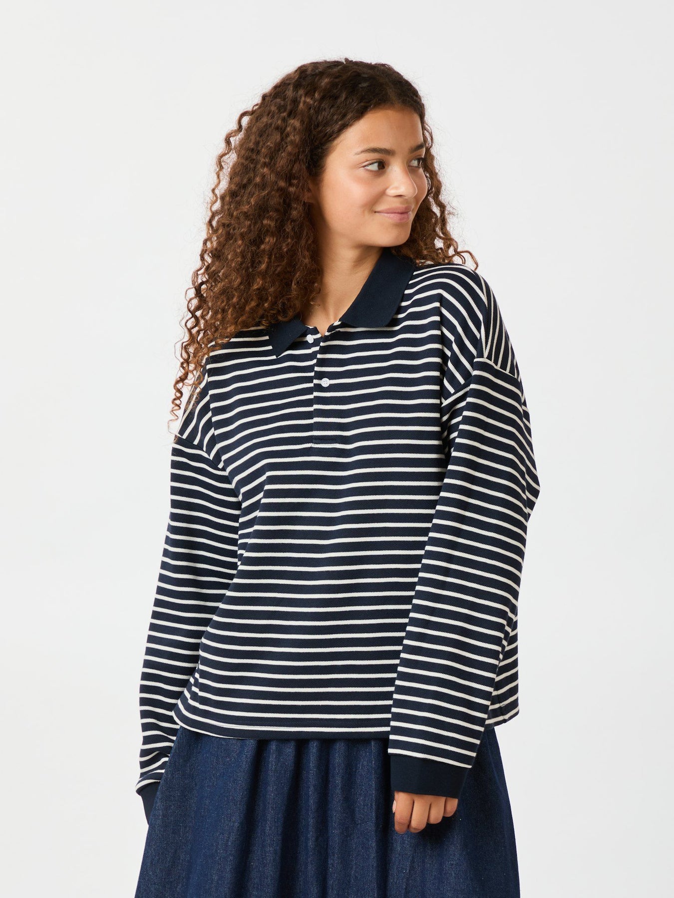 Sara Stripe Polo Blouse - Navy