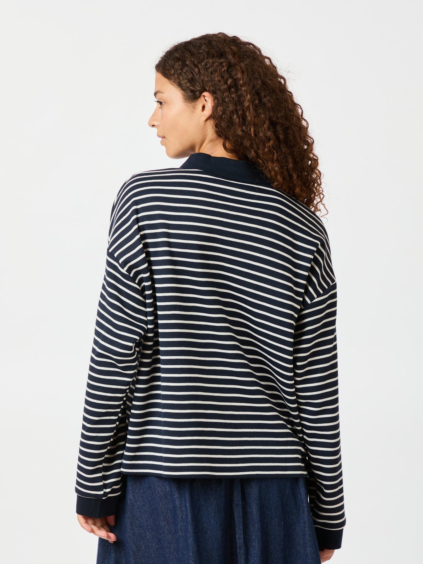 Sara Stripe Polo Blouse - Navy