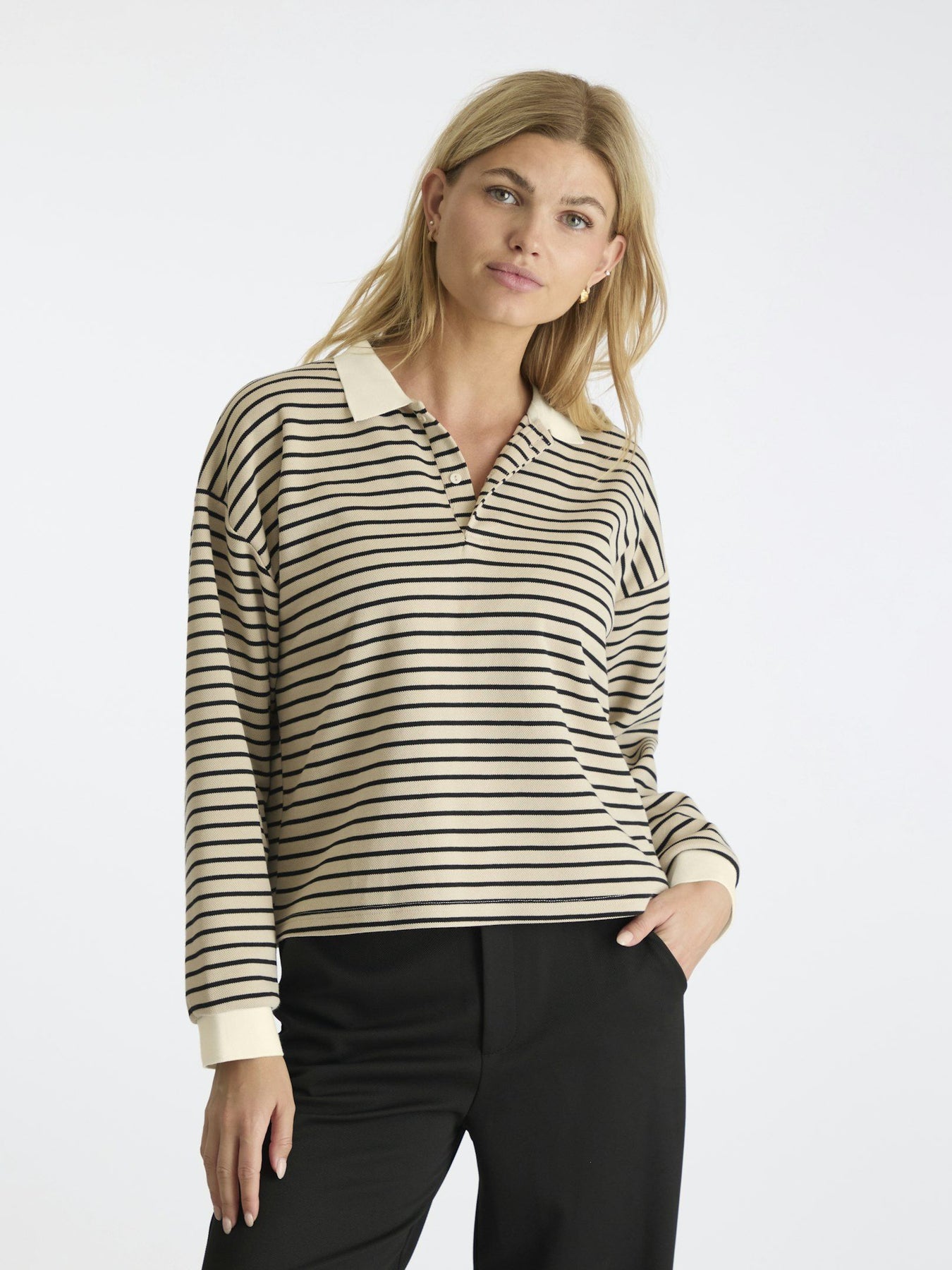 Sara Stripe Polo Blouse - Sand