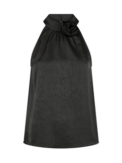 Rosette Crinkle Sateen Top - Black