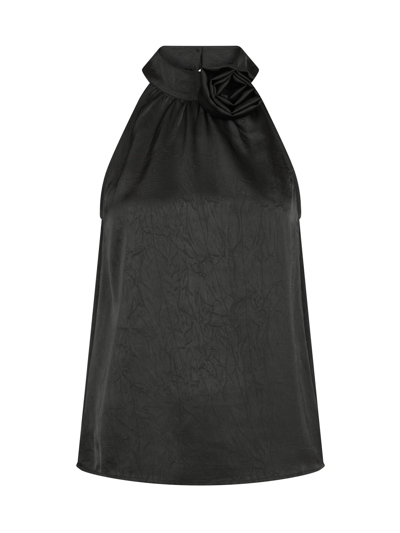 Rosette Crinkle Sateen Top - Black