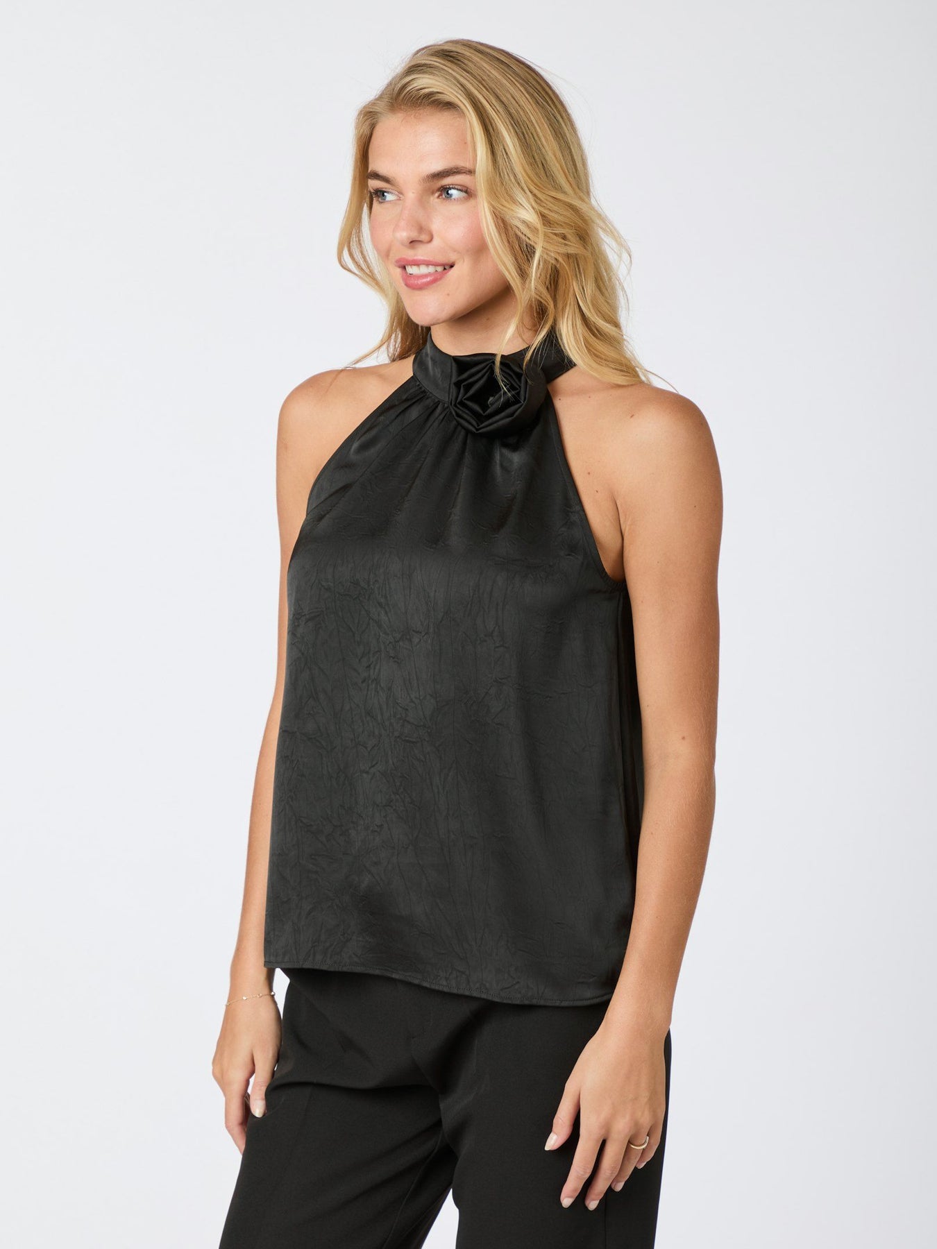 Rosette Crinkle Sateen Top - Black