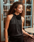 Rosette Crinkle Sateen Top - Black