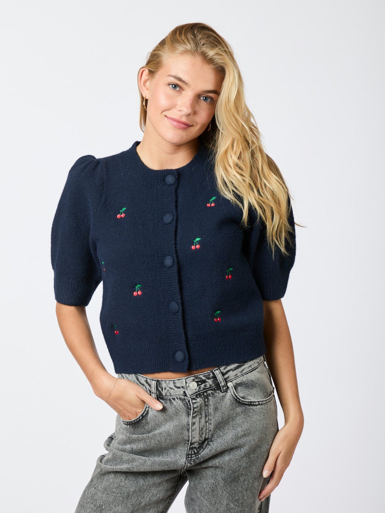 Trudy Embroidery Knit Cardigan - Navy