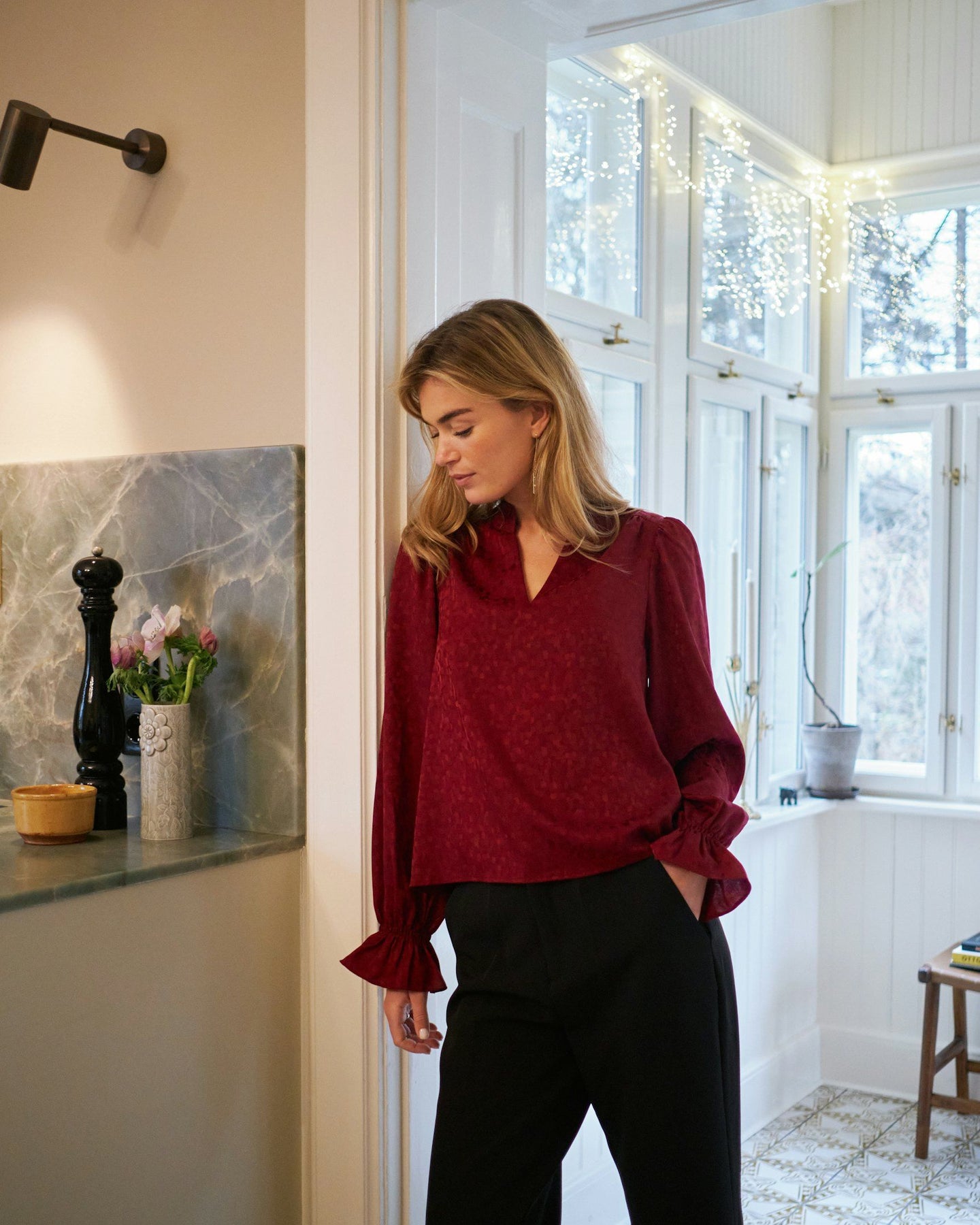 Amara Jacquard Dot Blouse - Wine
