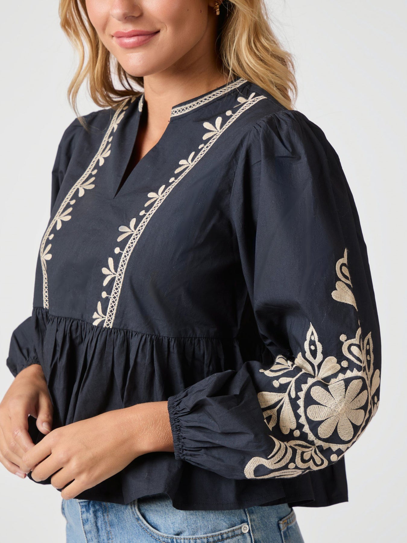 Ginia Emb Blus - Navy