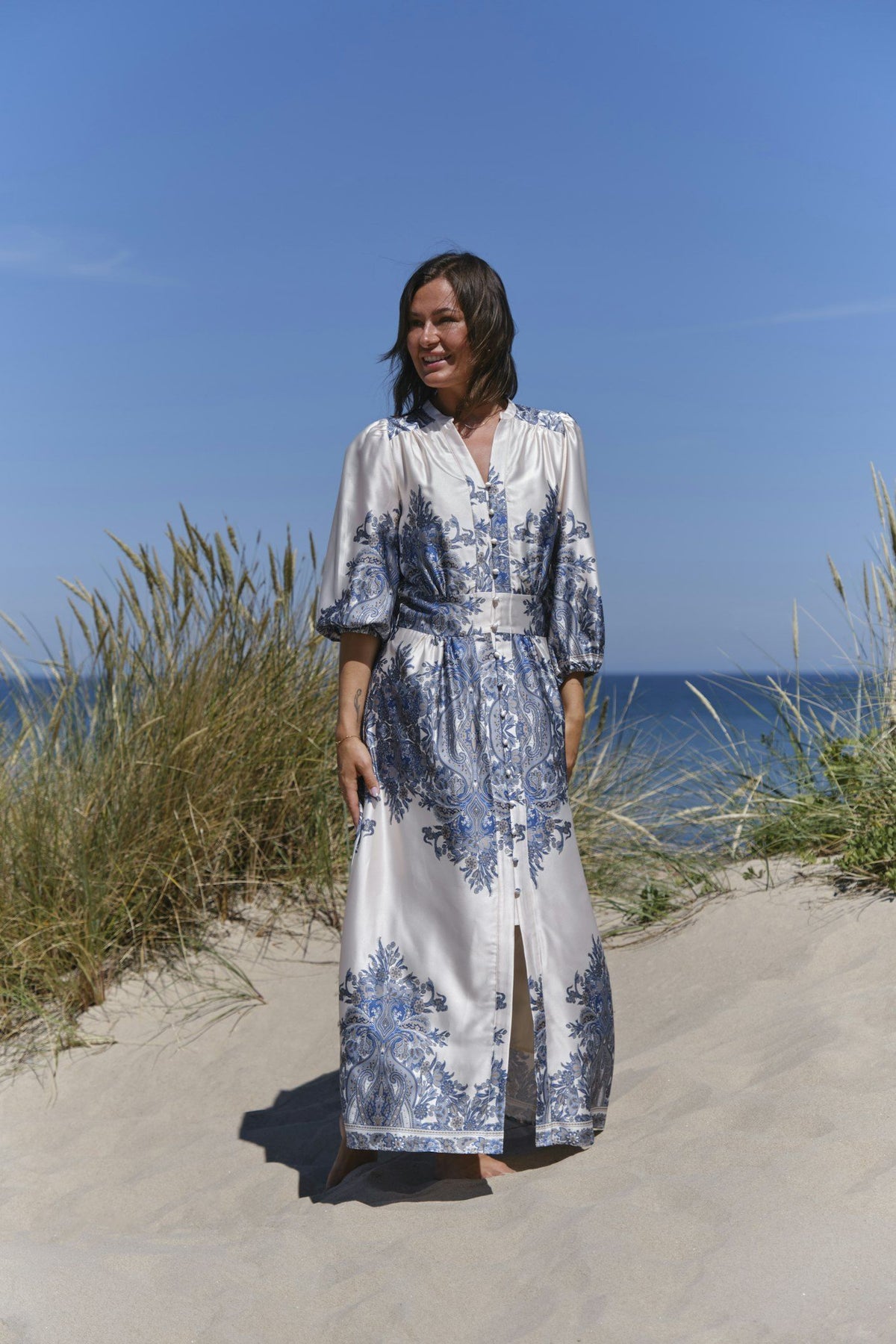 Stellar Paisley Border Dress - Ash Blue