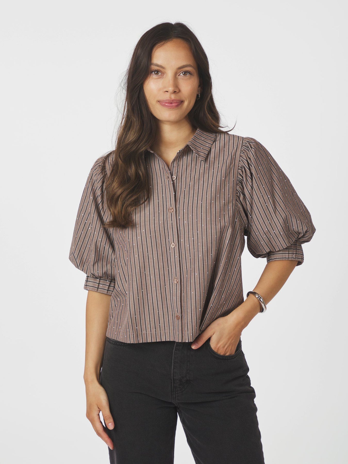 Etta Soft Stripe Stone Shirt - Brun