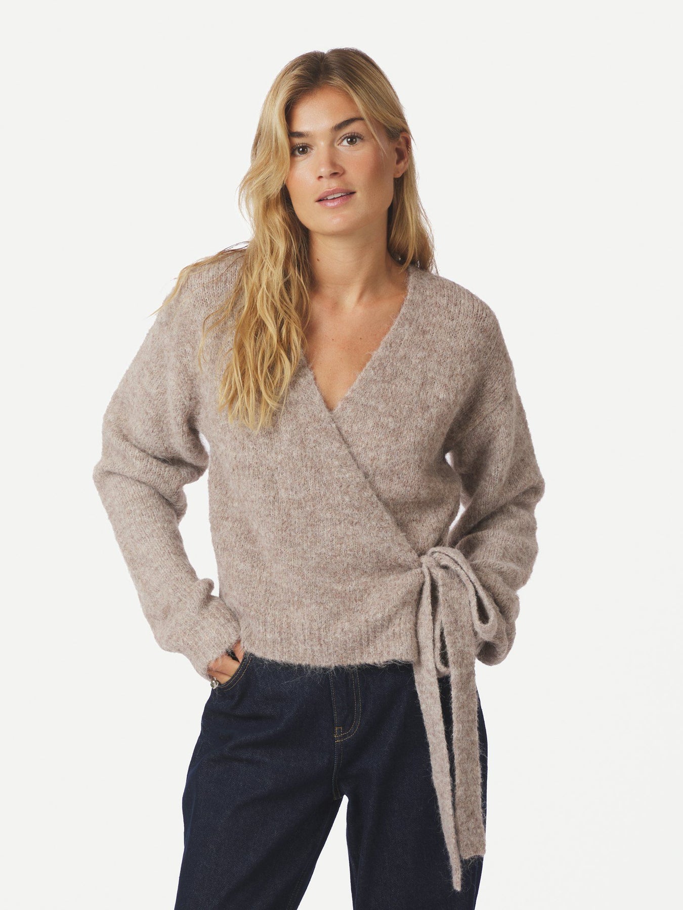Ronia Fluffy Wrap Knit Kofta - Beige Melange