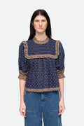 Arlita Print Puff Slv Top - Navy