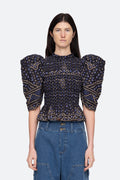 Delphine Pucker Cotton Puff Slv Smocked Top - Blue