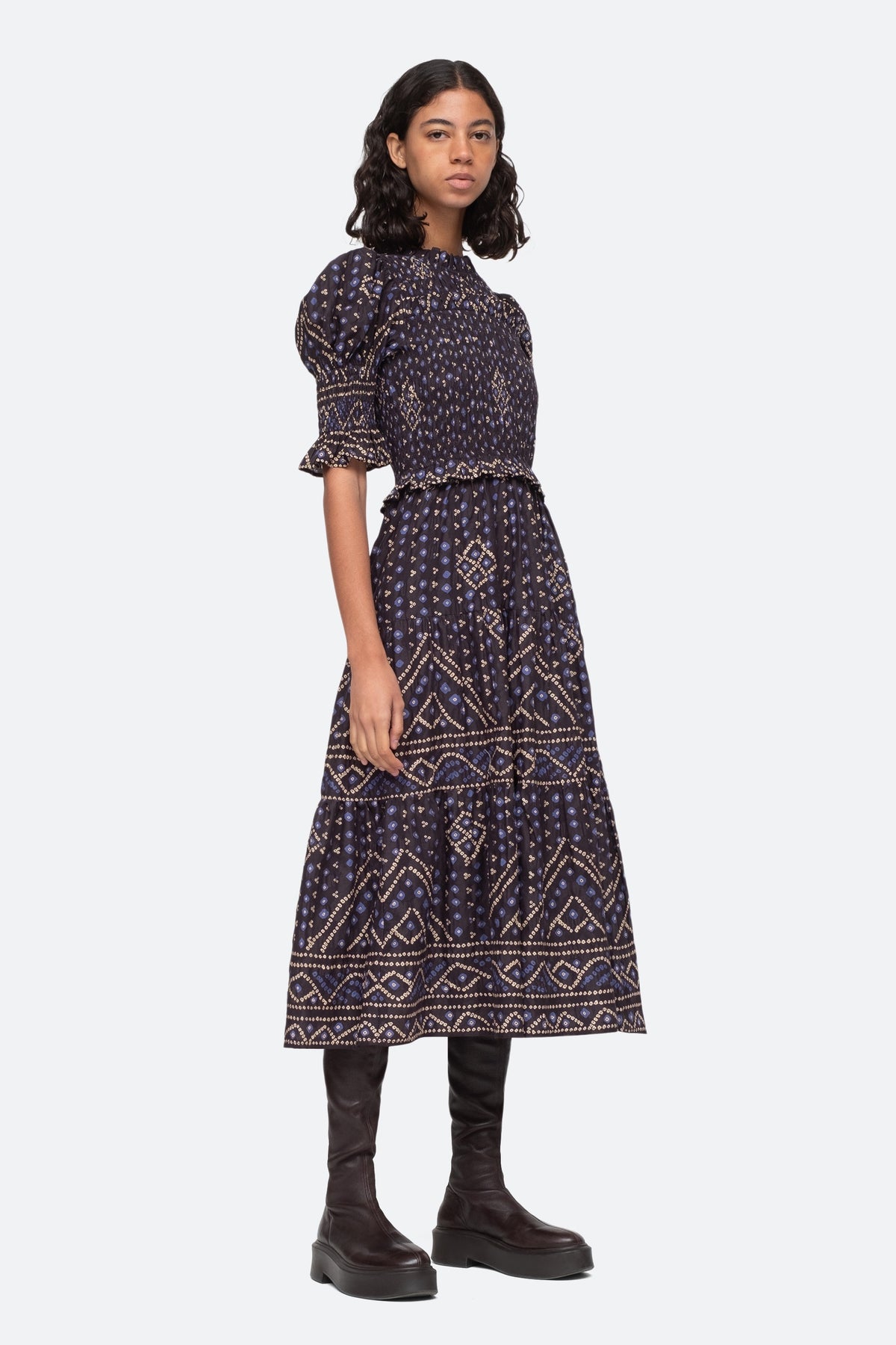 Delphine Pucker Cotton Puff Slv Smocked Dress - Blue