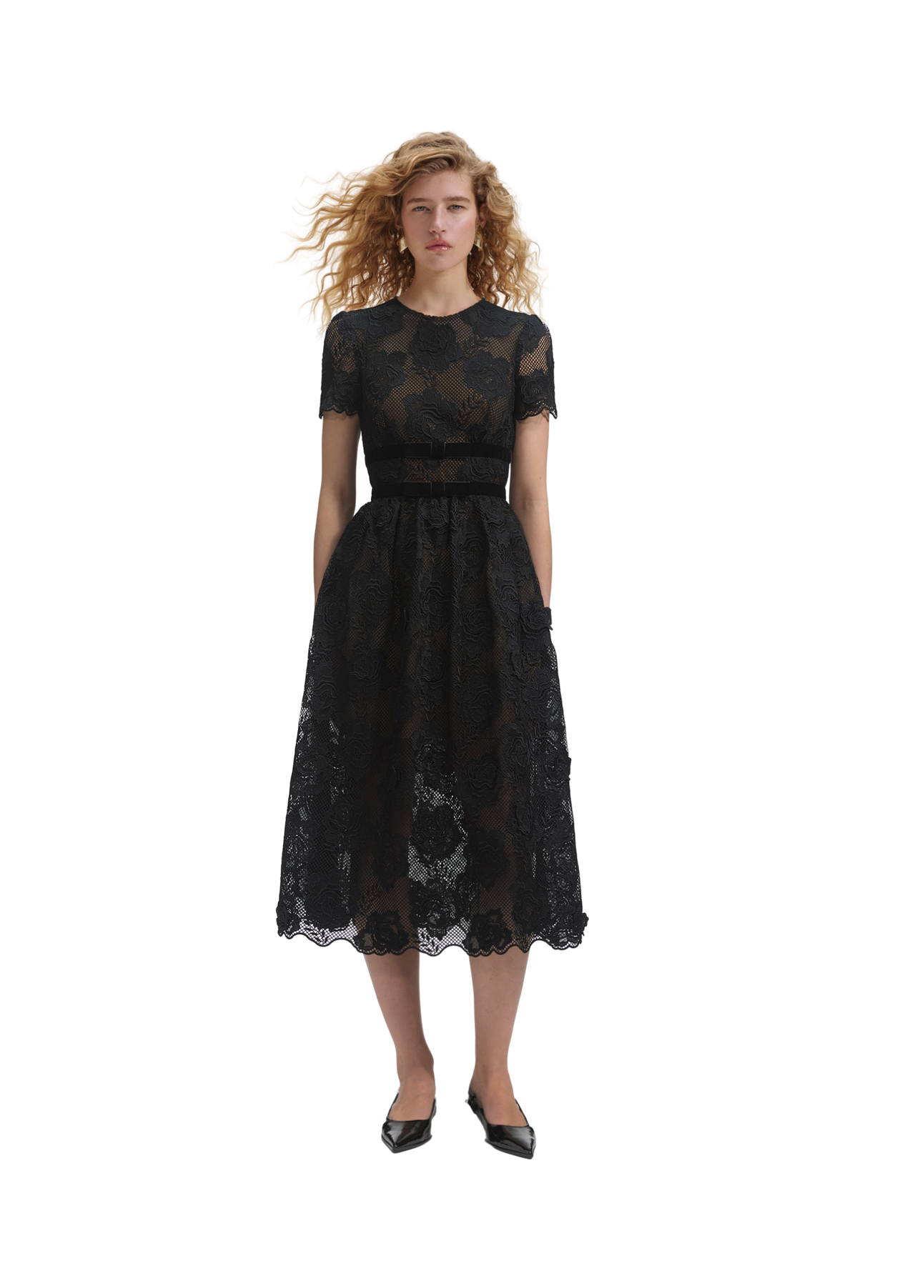 Lace Velvet Bow Midi Dress - Black