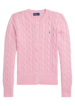 Cable-Knit Cotton Crewneck Cardigan - Carmel Pink