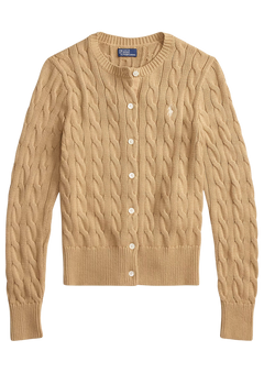Cable-Knit Cotton Crewneck Cardigan - Vintage Khaki
