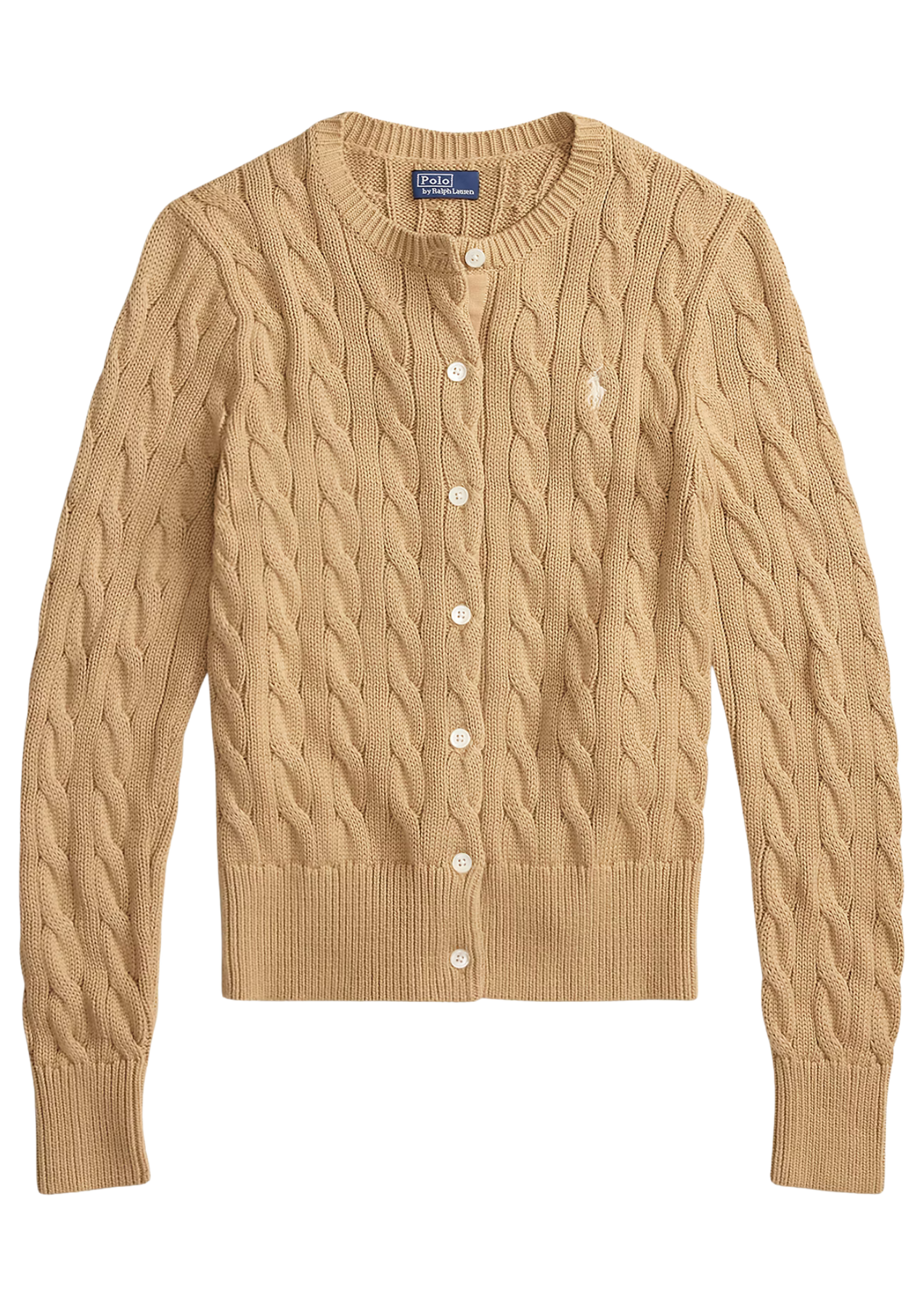 Cable-Knit Cotton Crewneck Cardigan - Vintage Khaki