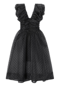 Flocked Organza Long Ruched Dress - Svart