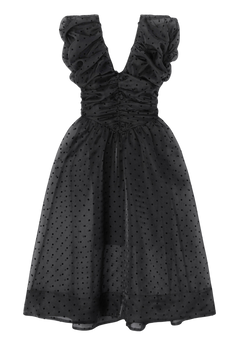 Flocked Organza Long Ruched Dress - Black