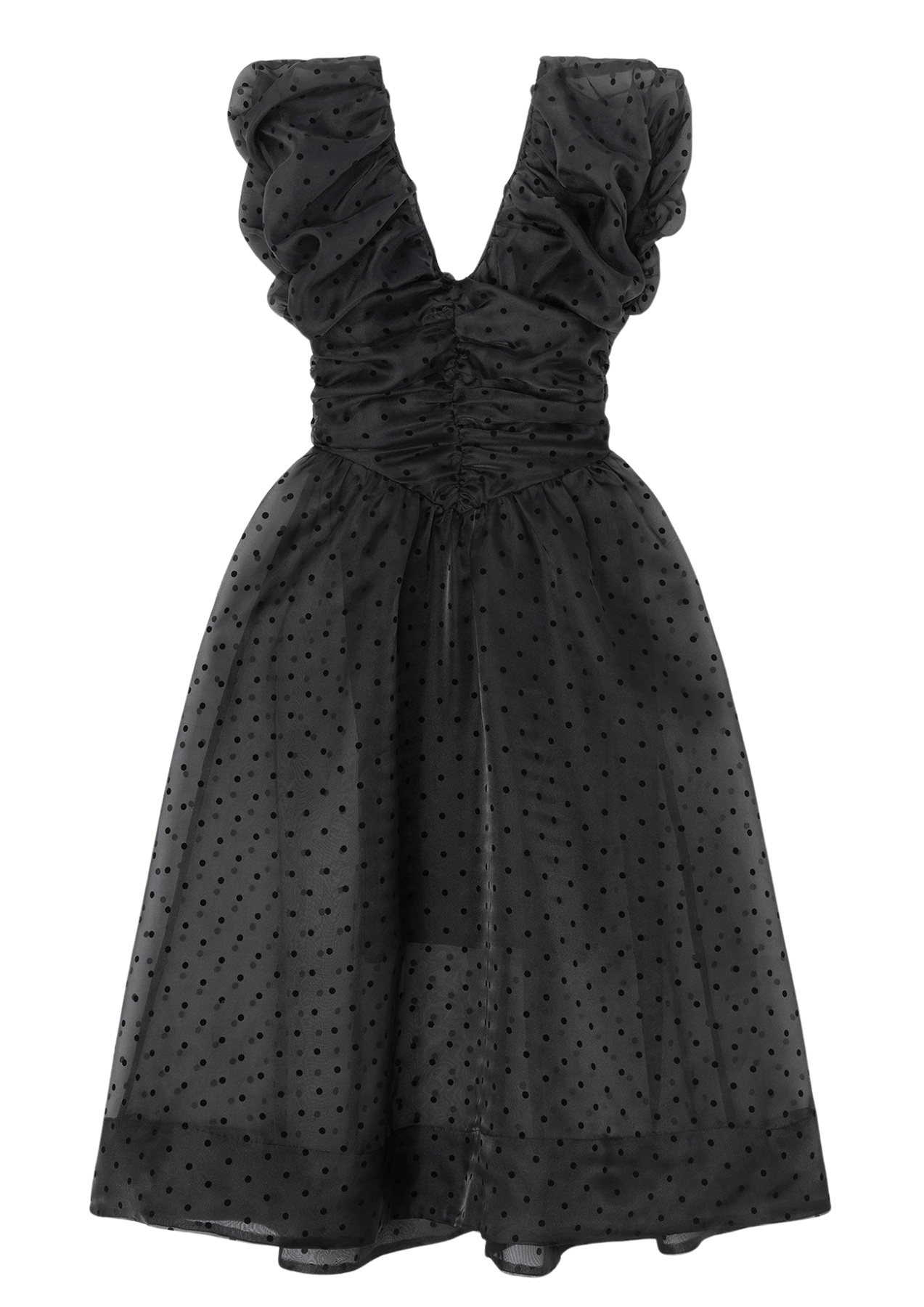Flocked Organza Long Ruched Dress - Svart