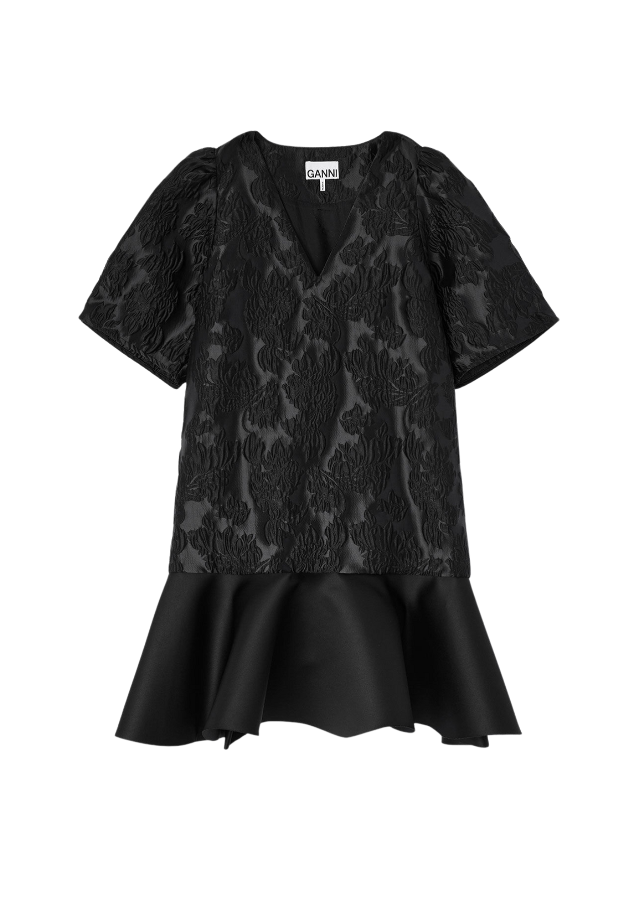 Satin Cloque Mini V-Neck Dress - Svart
