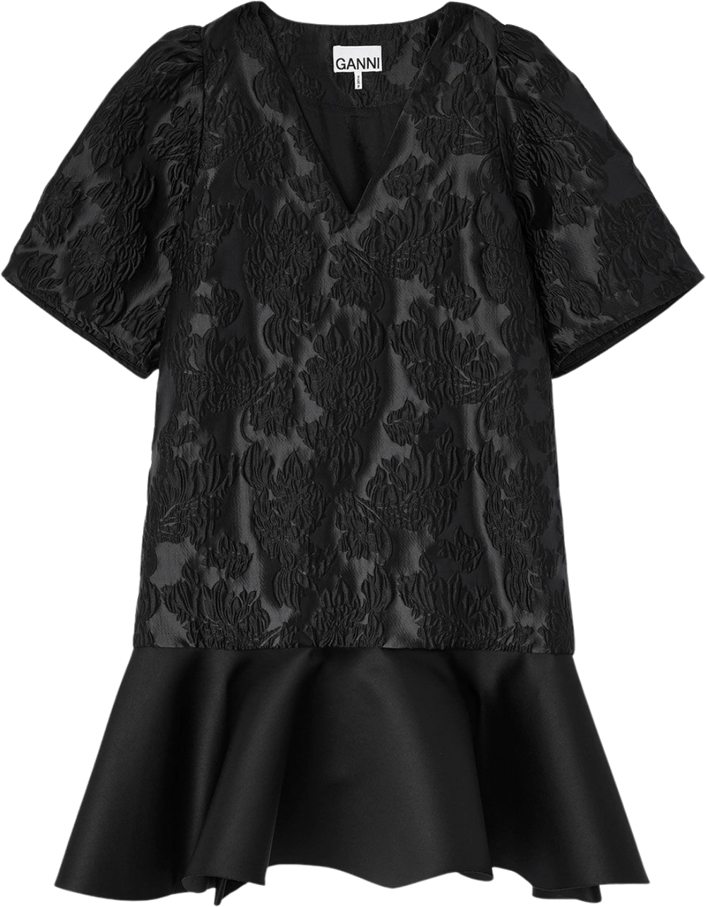 Satin Cloque Mini V-Neck Dress - Black