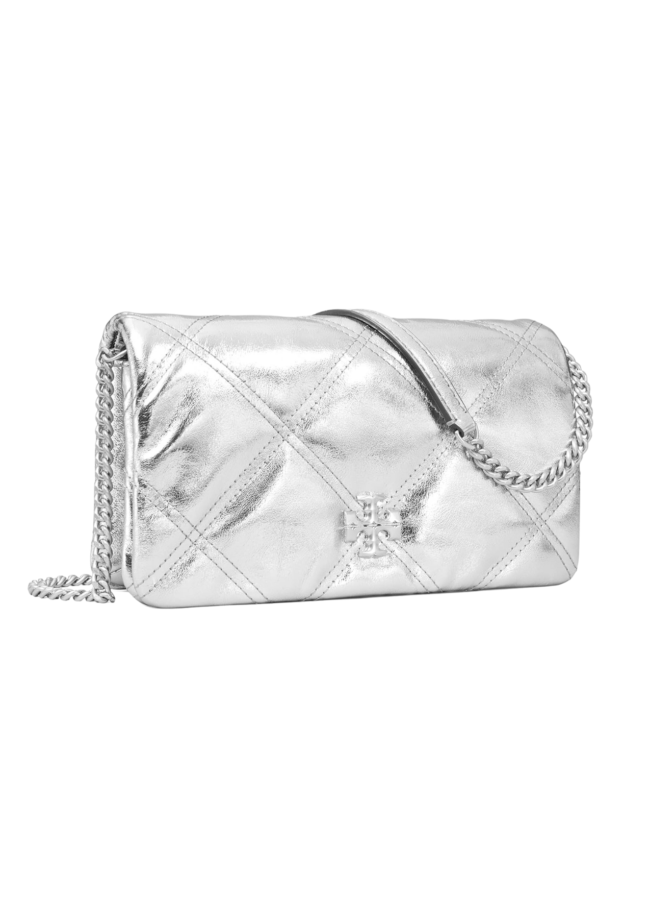 Kira Metallic Diamond Quilt Chain Wallet - Silver