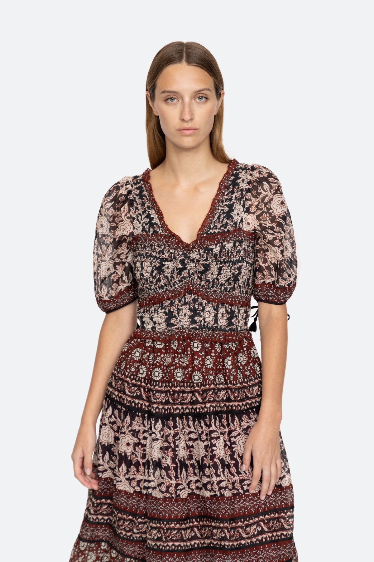Danae Print Puff Slv Smocked Dress - Red