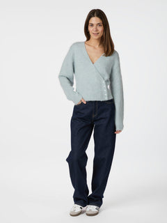 Kilua Fluffy Wrap Knit Blouse - Light Blue