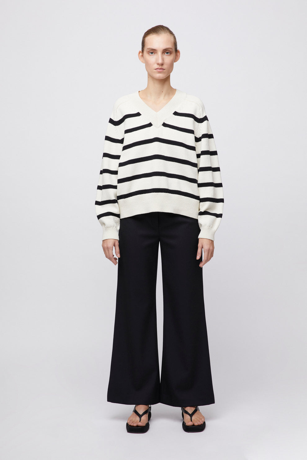 Bayside V-Neck Sweater - Cream Black Stripe