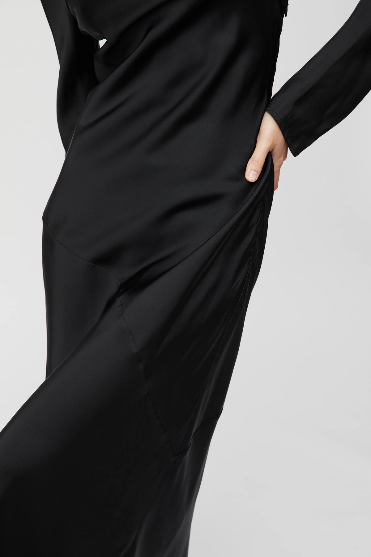 Longsleeve Bias Cut Slip Dress - Jet Black