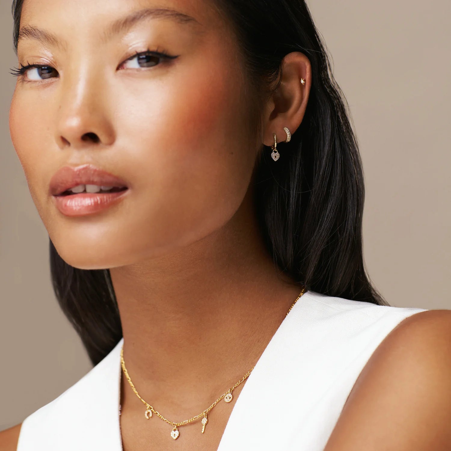 Pave Heart Locket Micro Hoops - Pale Gold