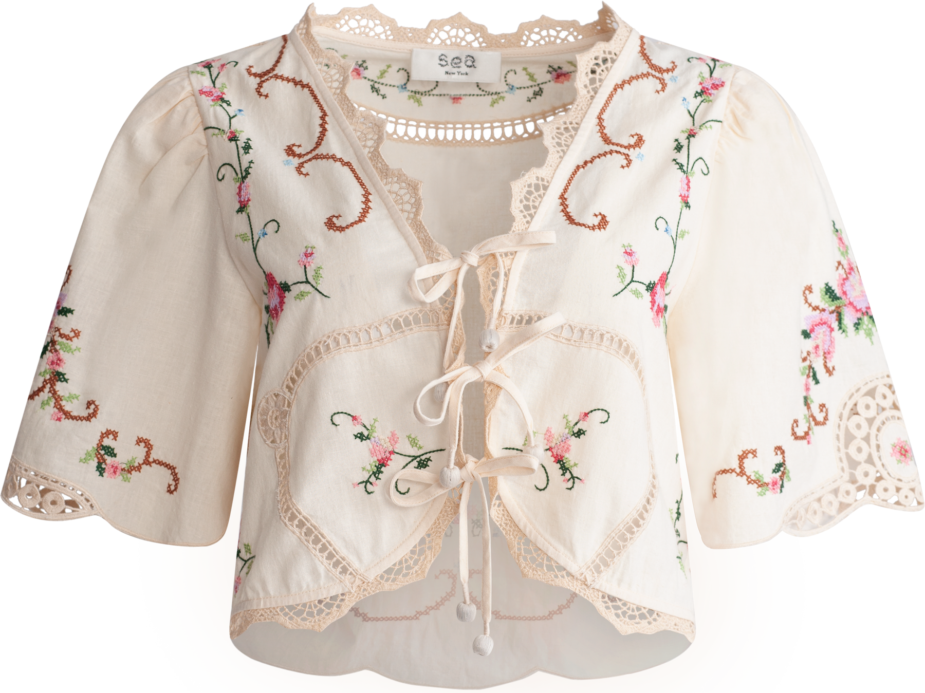 Edwina Embroidery S/Slv Tie Front Top - White