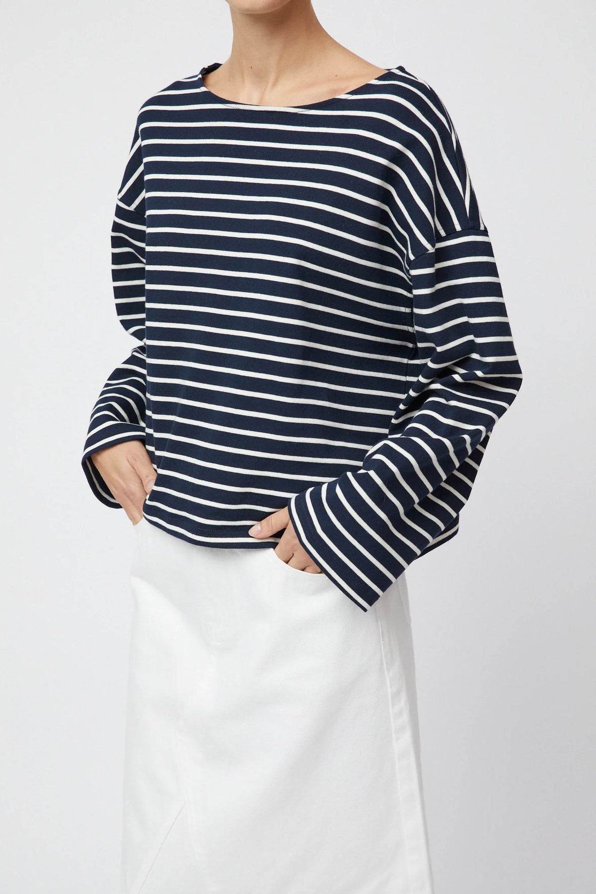 Breton Boatneck Longsleeve - Navy Cream Stripe