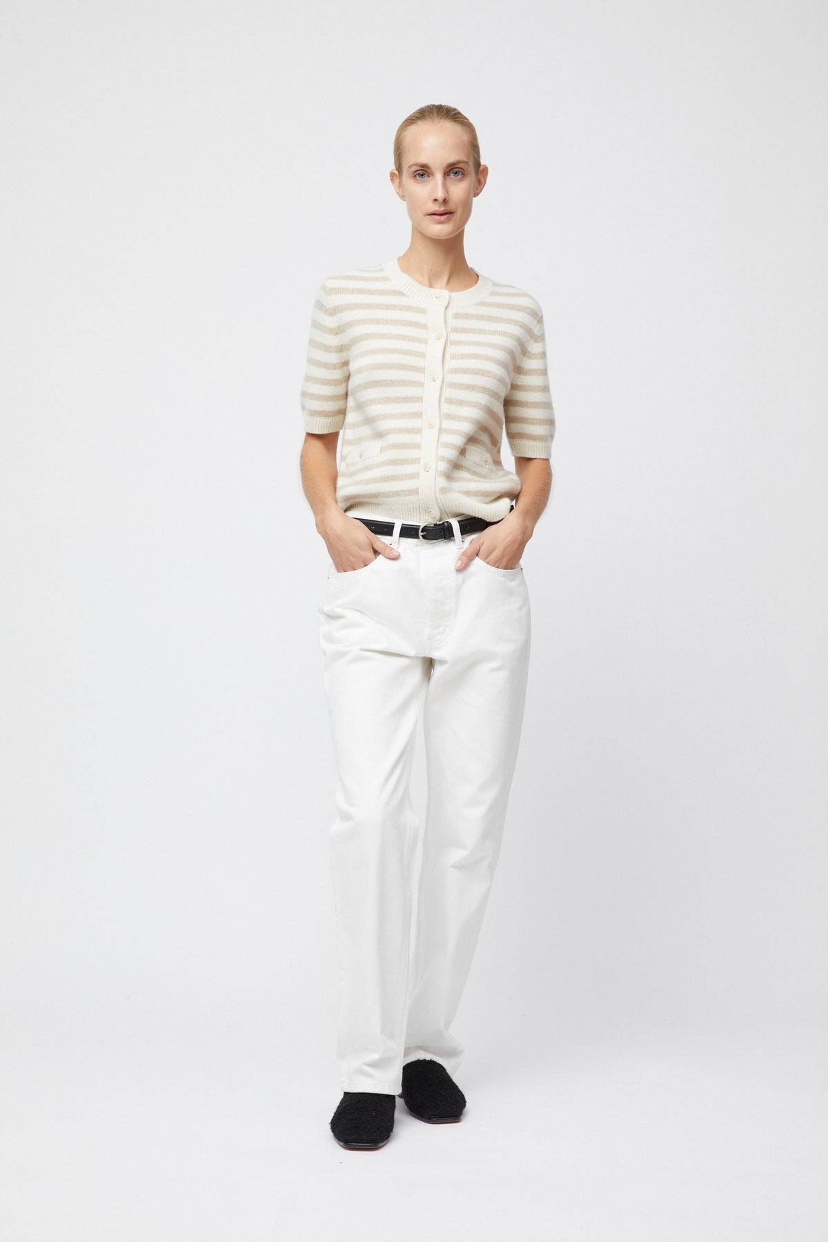 Toulouse Cardigan Tee - Linen Snowflake Stripe