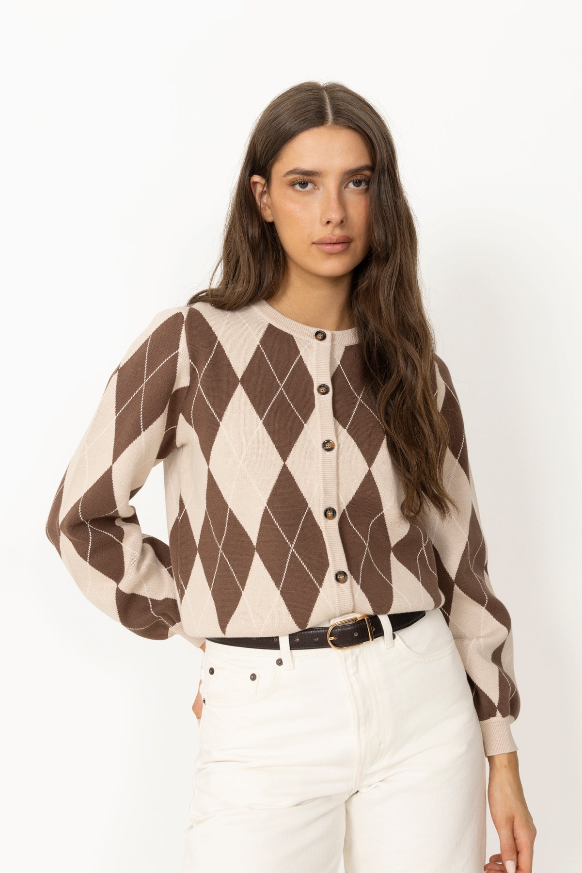 Anni Argyle Knit Cardigan - Brun