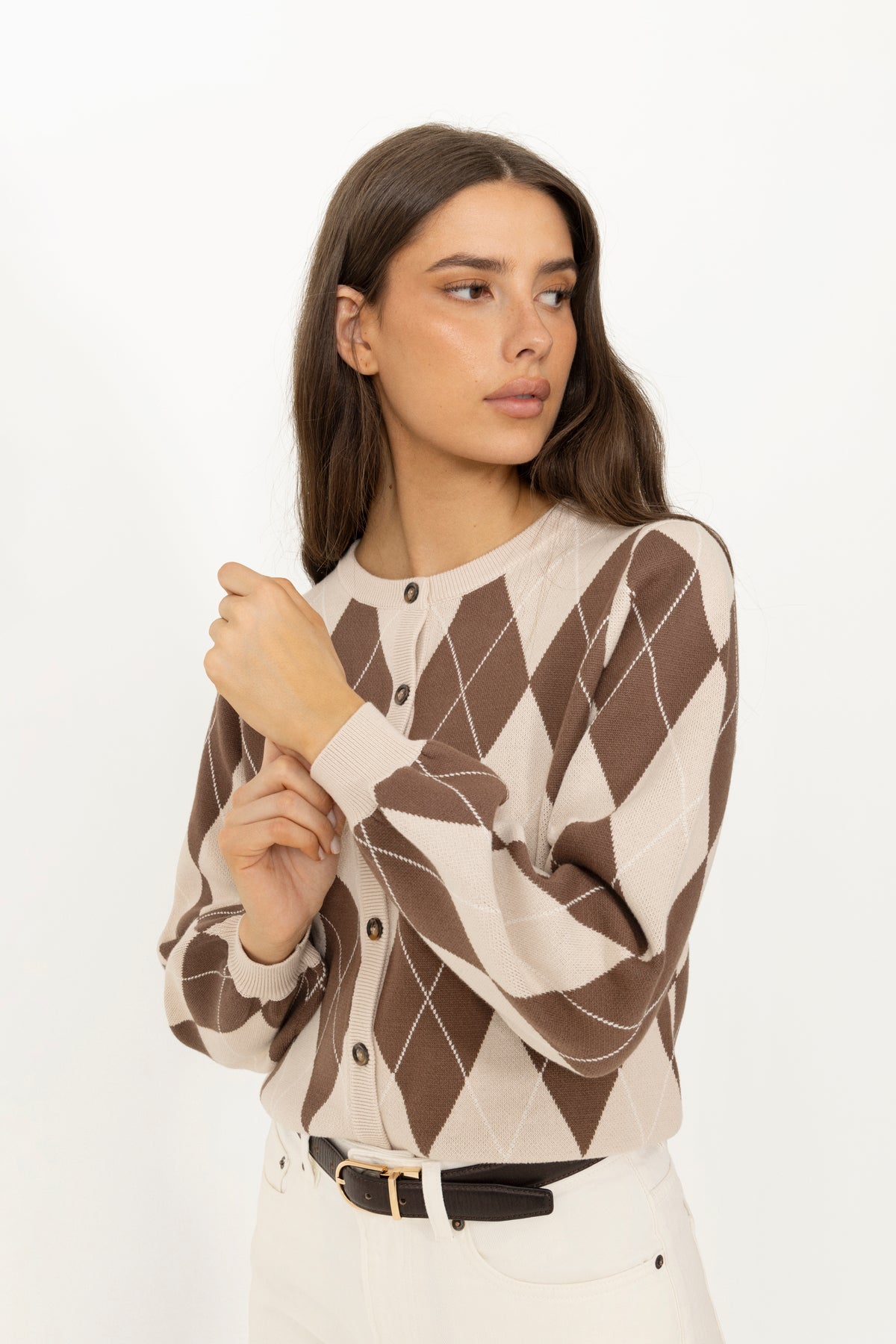 Anni Argyle Knit Cardigan - Brun