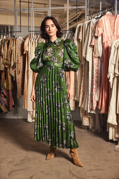 Plissé Maxi Dress - Green Roses