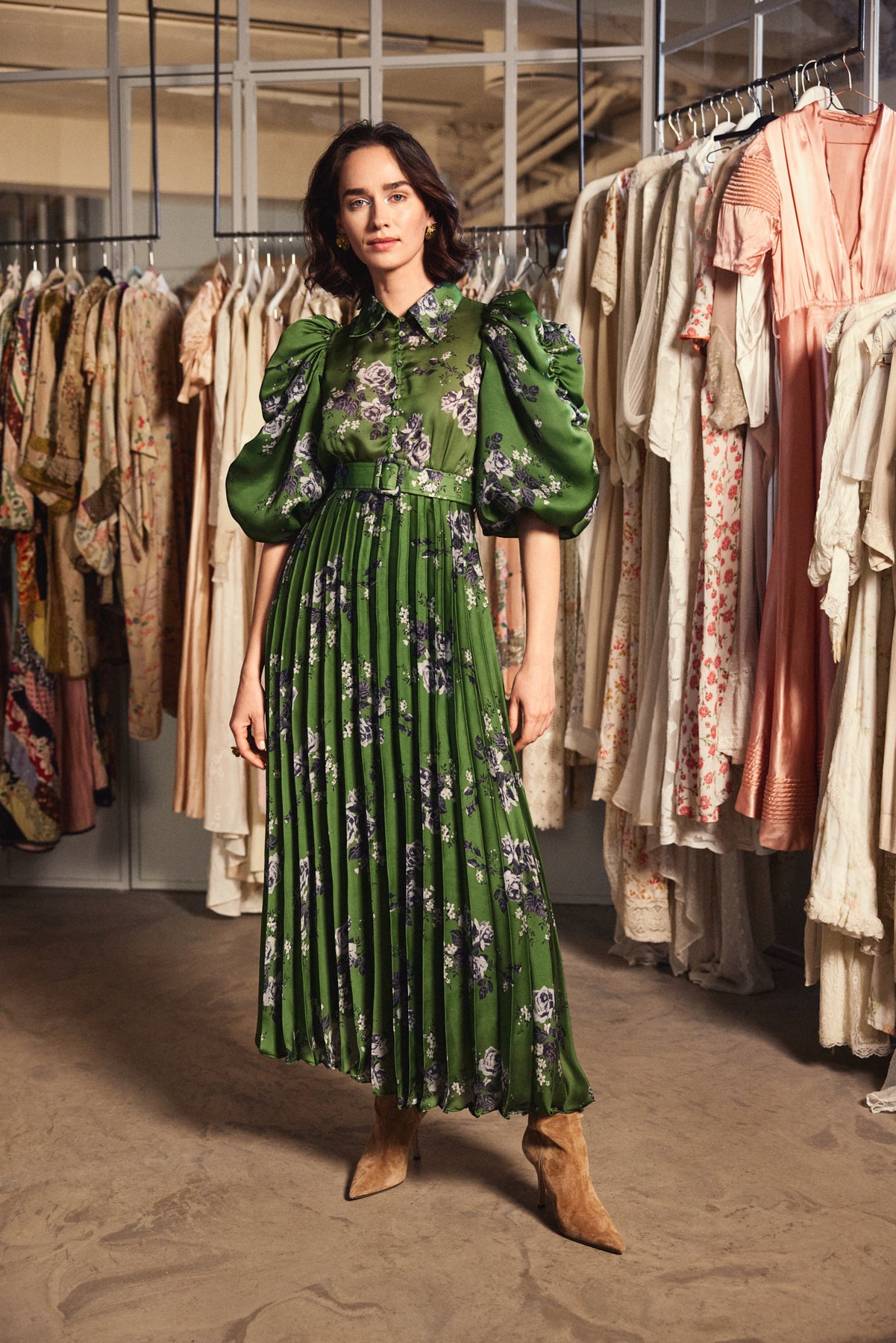 Plissé Maxi Dress - Green Roses